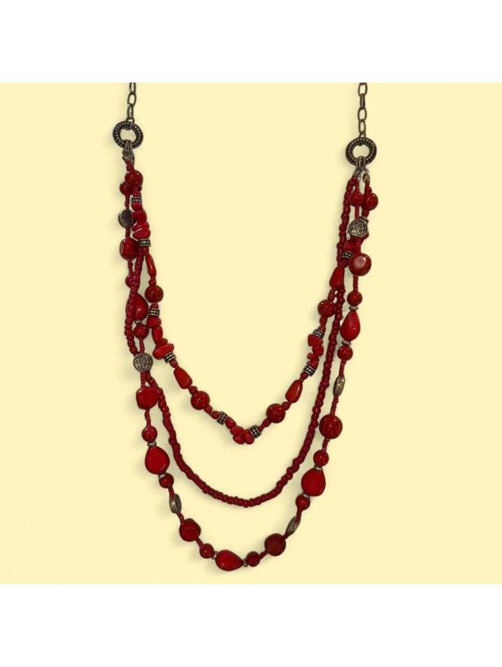 Red Multi-Strand Beaded Necklace with Silver Accents